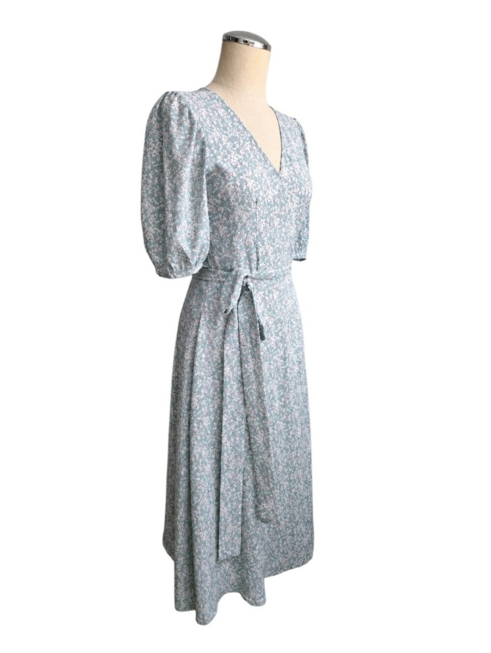 Axara Paris Floral Wrap Dress S Blue Puff Sleeve Cottagecore Midi Dress Vintage - Picture 5 of 8